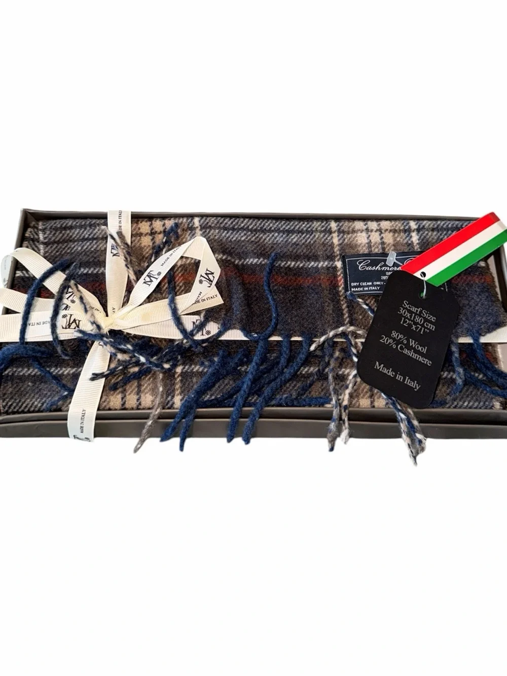 NWT NIB Men’s Cashmere Blend Wool Plaid Scarf Navy Made in Italy